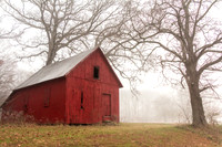 barn, red, fog, fall, winter